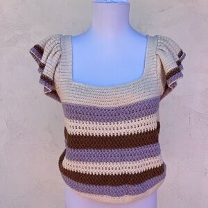 Mango Crochet Top with Cream, Brown, and Purple Stripes